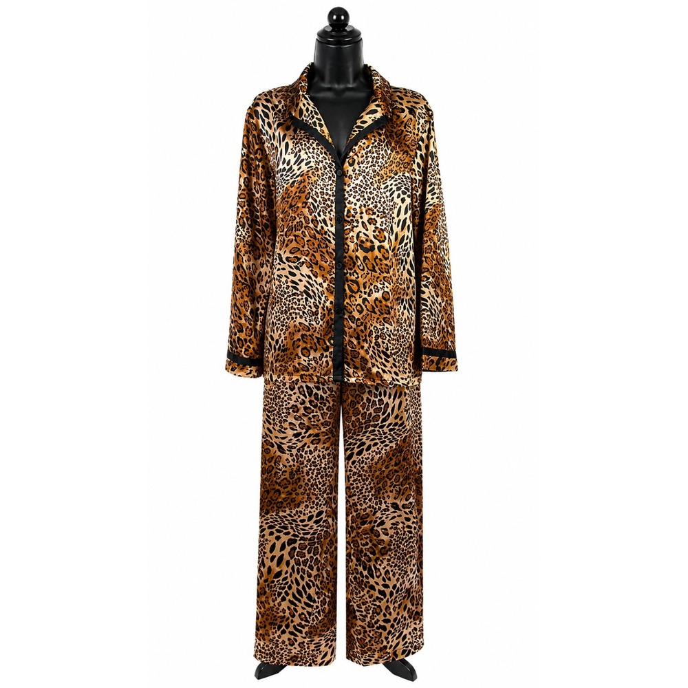 Morgan Taylor Long Sleeve Pajama Top Pant Set‎ Size XL Brown Animal Print Satin